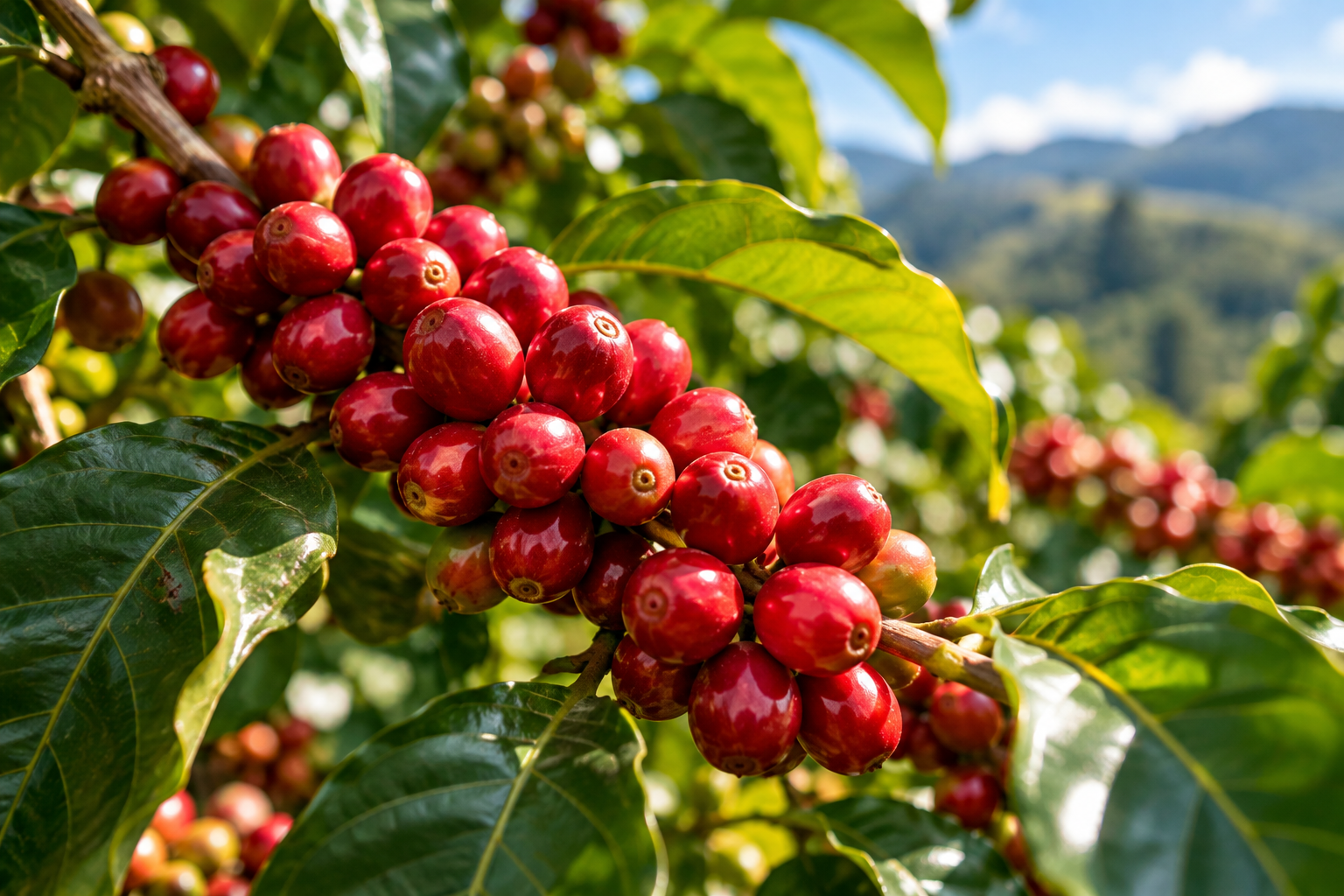Cachos de café vermelho na planta