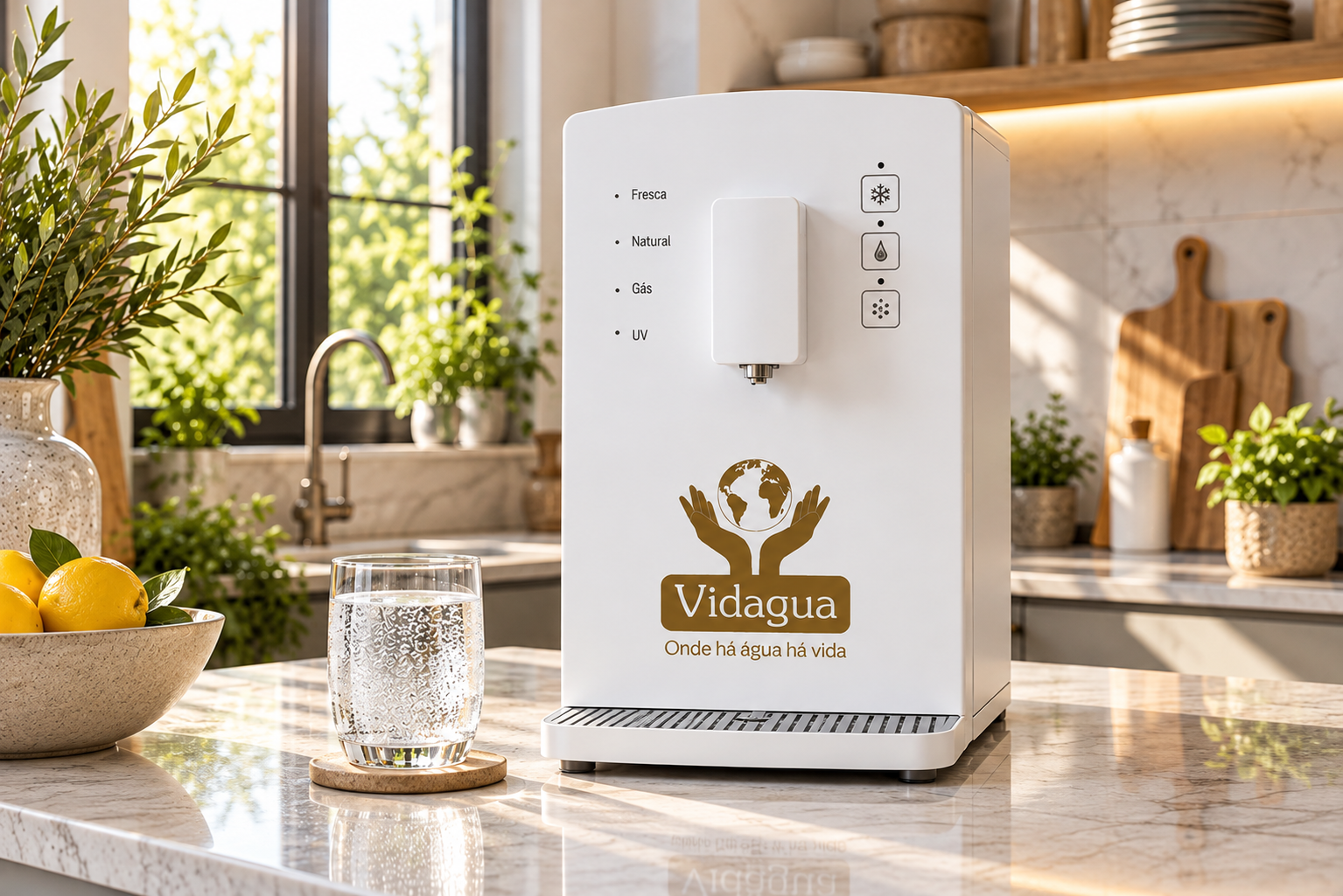 Caravela VIDAGUA numa cozinha luminosa, com água natural, fresca, com gás e UV