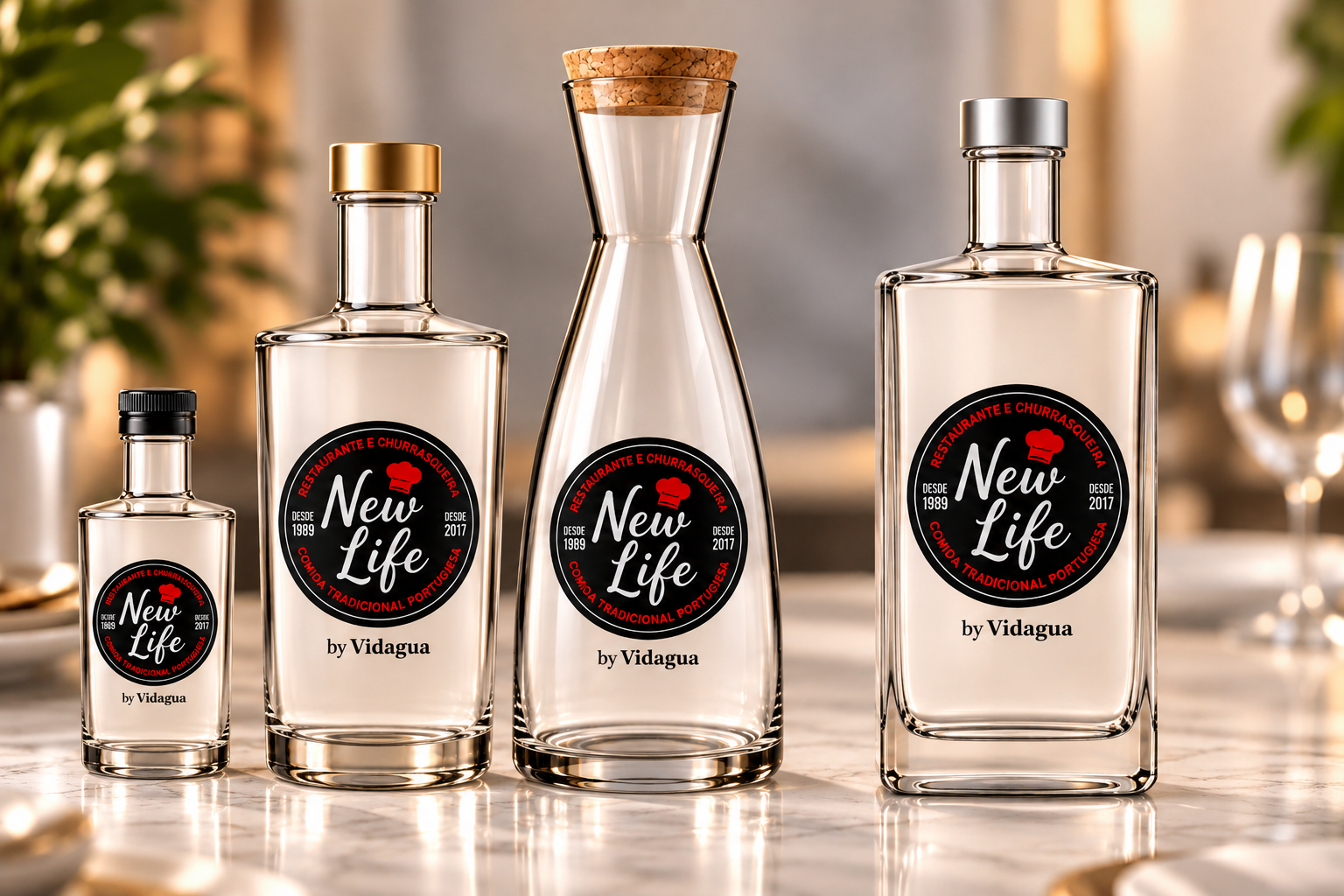 Quatro garrafas New Life personalizadas